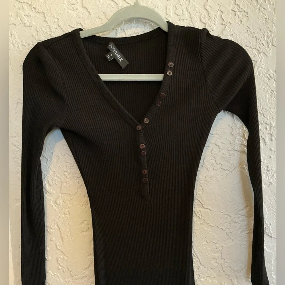 INTERMIX Black Ribbed Long Sleeve Dress